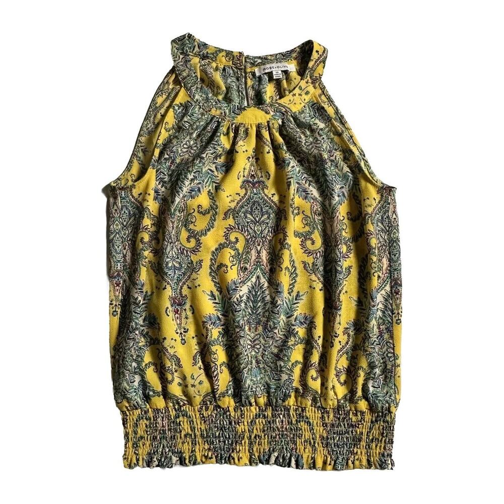 ROSE + OLIVE Women XS Prof Blouse, Yellow Geometric Sleeveless Wide Strap | A12